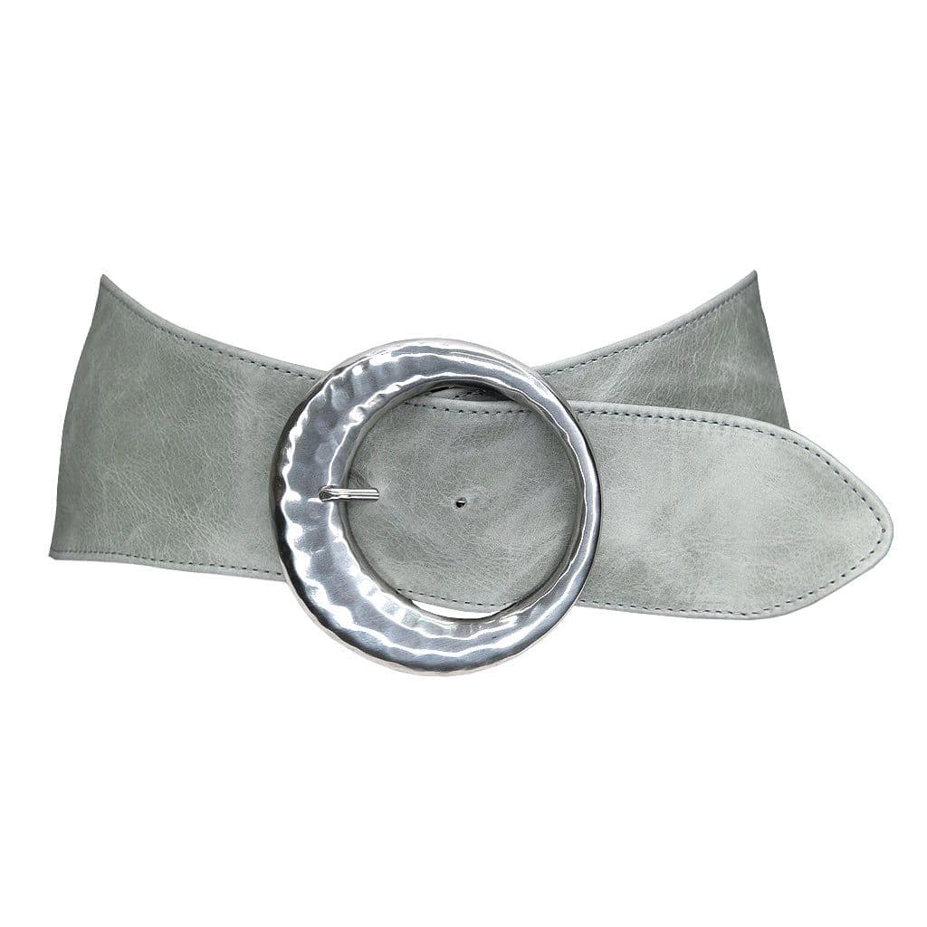 A grey suede belt with a hammered silver circular buckle