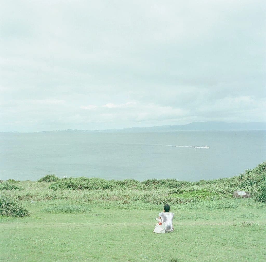 A person sitting alone on a grassy headland, looking out over a pale sea